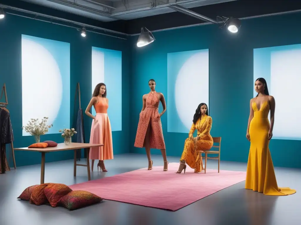 Diseñadores de moda crean prendas inclusivas en estudio vibrante Un estudio luminoso y vibrante de diseñadores de moda creando piezas inclusivas y únicas