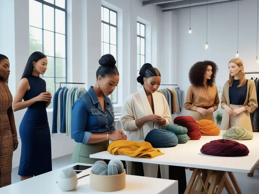 Diseñadores de moda crean juntos en un estudio sostenible Un estudio luminoso y vibrante donde diseñadores, modistas y modelos colaboran en moda inclusiva sostenible apoyo redes