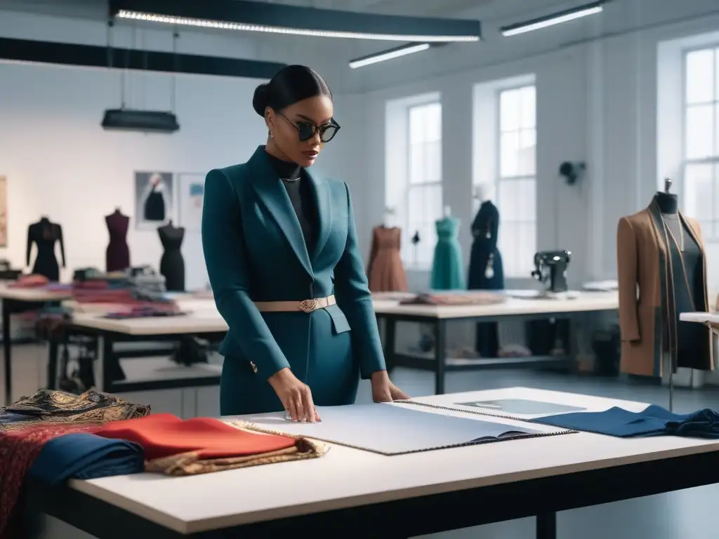 Diseñadores de moda crean colección inclusiva en estudio vibrante Un estudio de moda activo con diseñadores diversos creando moda adaptativa inclusiva, mostrando oportunidades empleo moda adaptativa inclusiva