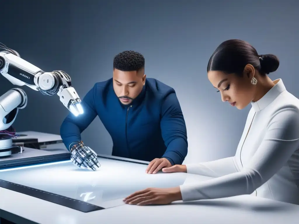 Diseñadores de moda y robots crean moda inclusiva en estudio futurista Un estudio de diseño de moda de alta tecnología donde diseñadores y brazos robóticos colaboran en la producción de ropa tallas especiales