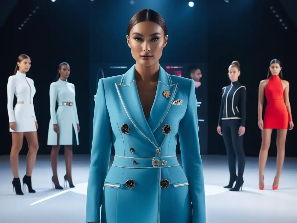 Moda personalizada para altas: modelos empoderadas en estudio futurista Un estudio de moda alto tech con modelos confiados luciendo diseños personalizados, simbolizando la moda tall ajuste virtual personalizado