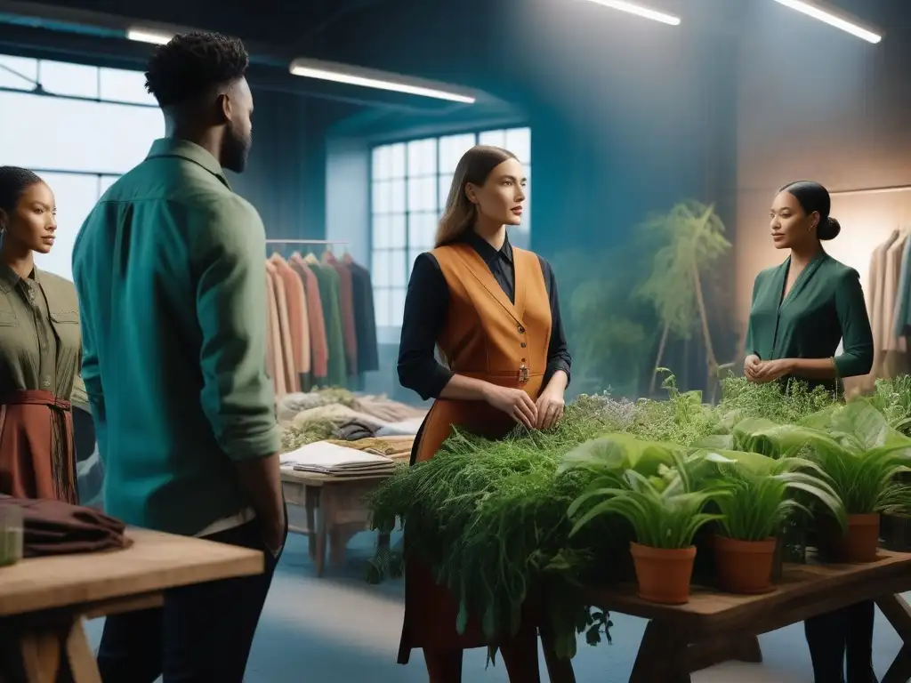 Estudio de moda sostenible: creatividad y colaboración Un estudio de moda ética y sostenible SA8000 donde diseñadores y trabajadores colaboran en un ambiente creativo y sustentable