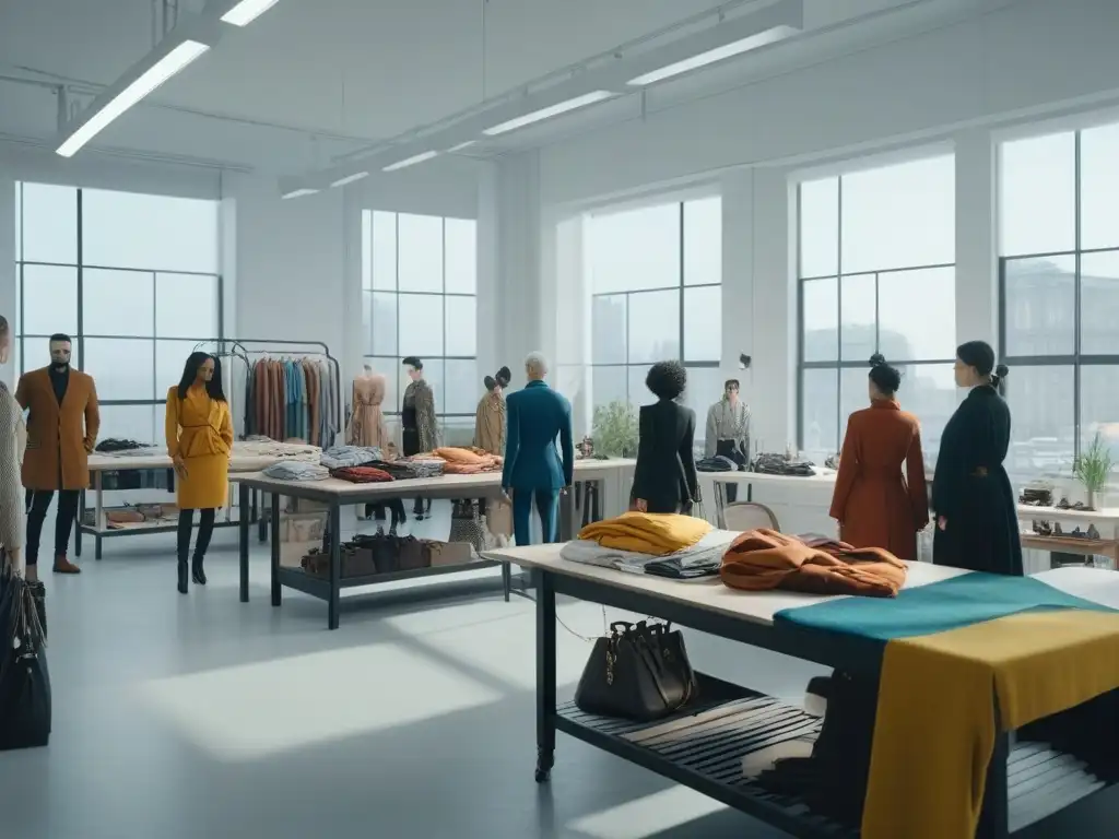 Diseñadores de moda colaborando en estudio creativo Un estudio de moda ética, tallas específicas, donde diseñadores diversos colaboran en un ambiente creativo y vibrante, revolucionando la industria