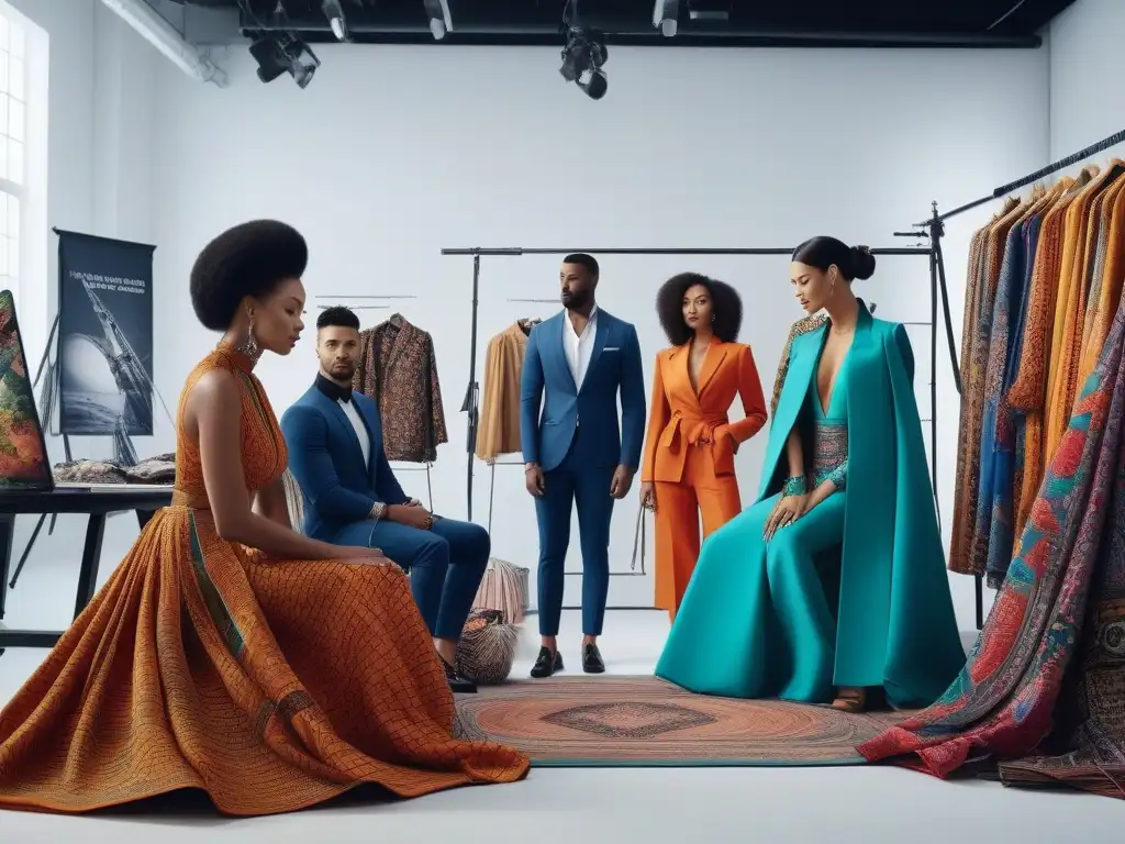 Diseñadores de moda: Unión creativa y diversa en el estudio Un estudio de moda étnica inclusiva y diversa, donde diseñadores colaboran apasionadamente entre telas y bocetos coloridos