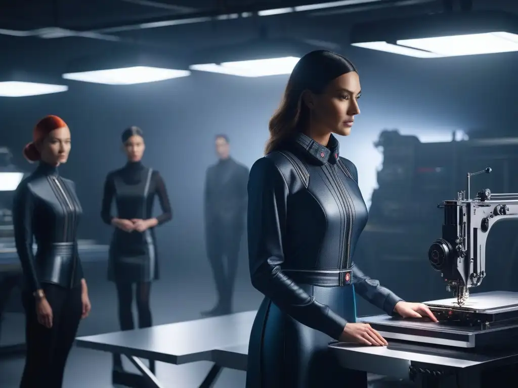Estudio de moda futurista: fusión tecnológica y creativa Un estudio de moda futurista de alta tecnología donde diseñadores colaboran en una prenda innovadora, fusionando creatividad y tecnología
