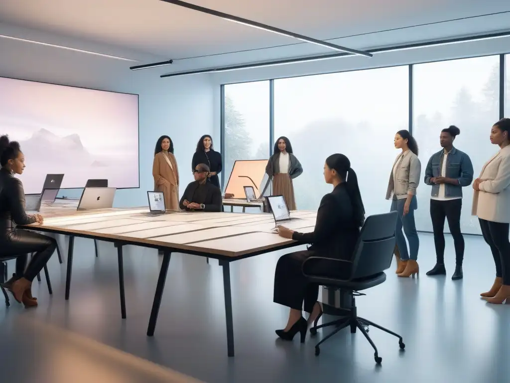 Diseño de moda inclusivo: Estudio futurista con estudiantes creativos Estudio de moda futurista con estudiantes de diseño de moda trabajando juntos en diseños inclusivos para todos cuerpos