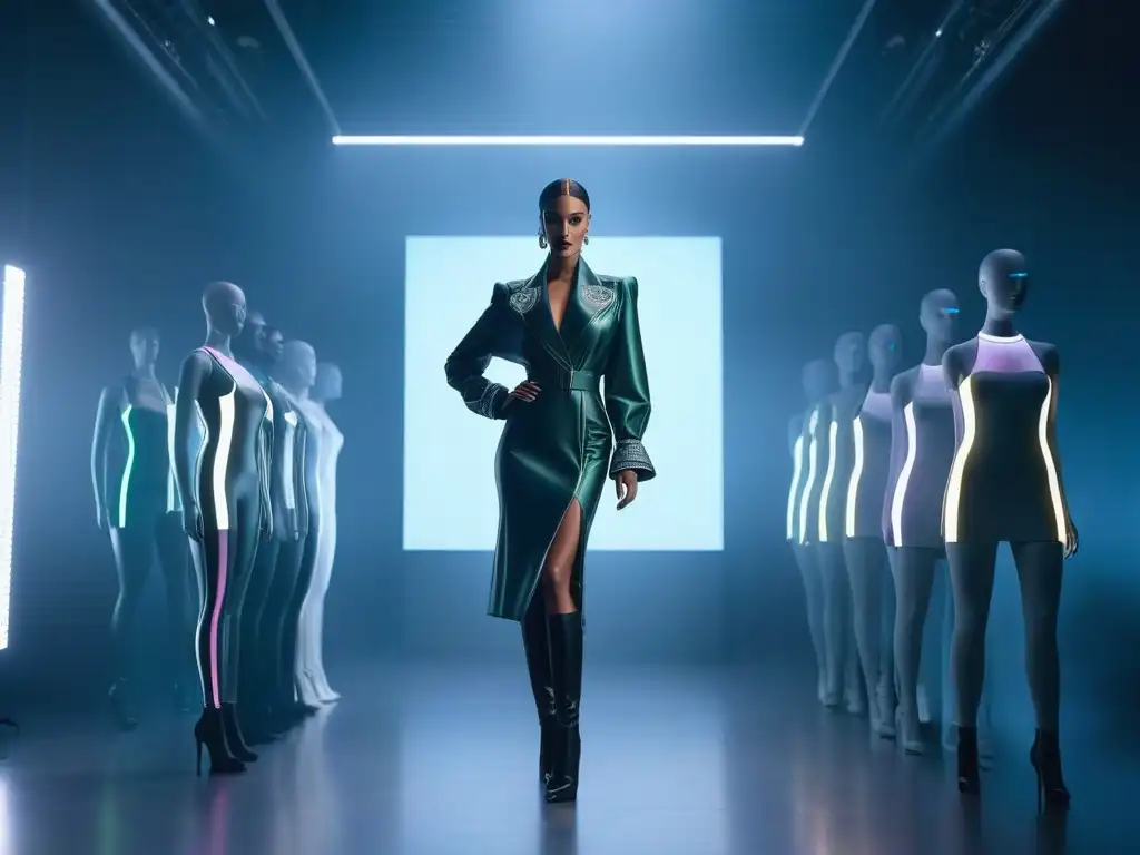 Estudio de moda futurista: maniquíes y hologramas revolucionarios Estudio de moda futurista con maniquíes diversos y hologramas