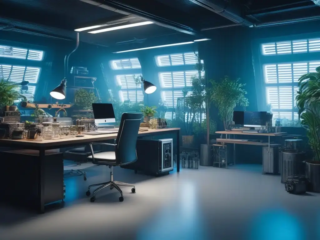 Estudio de moda del futuro: diseño sostenible con tecnología avanzada Un estudio de moda futurista con materiales sostenibles y tecnología avanzada, equipo diverso creando diseños ecofriendly