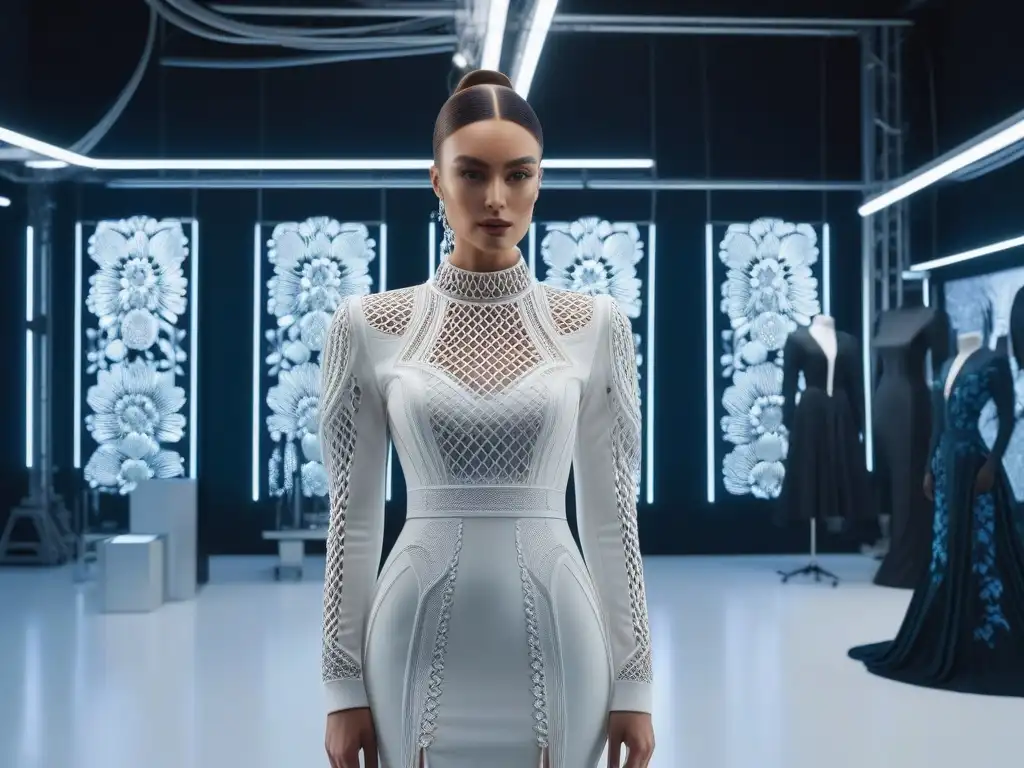 Estudio de moda futurista: Creación de prendas 3D vanguardistas Un estudio de moda futurista con impresión 3D creando prendas vanguardistas en un ambiente etéreo y moderno
