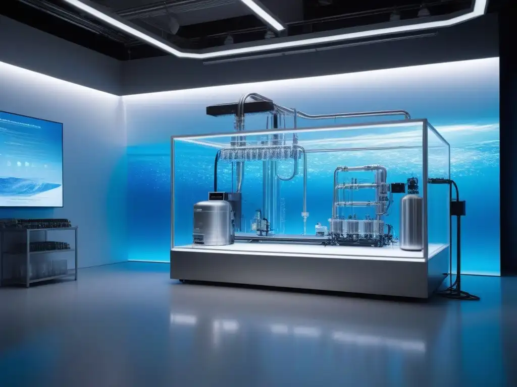 Estudio de moda futurista con sistema de purificación de agua de alta tecnología Un estudio de moda futurista con un sistema de purificación de agua de alta tecnología integrado, mostrando normativas producción textil agua