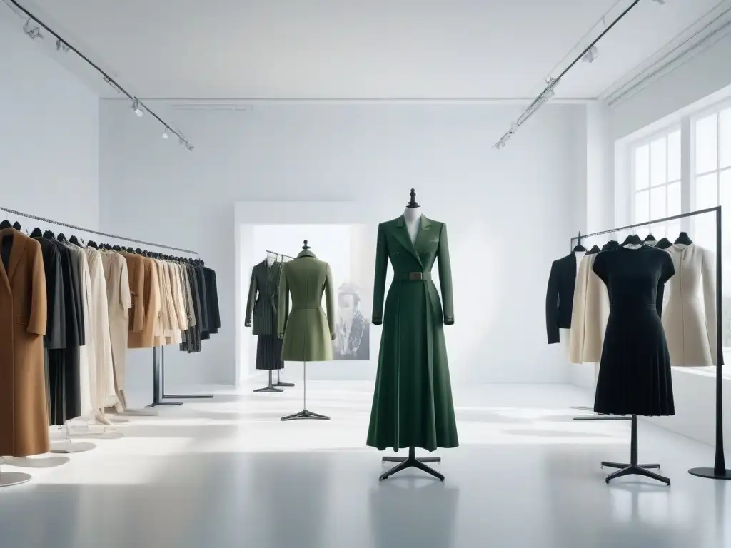 Estudio de moda sostenible: innovación y creatividad Un estudio de diseño de moda futurista y sostenible, lleno de luz natural, maniquíes vistiendo prendas ecofriendly