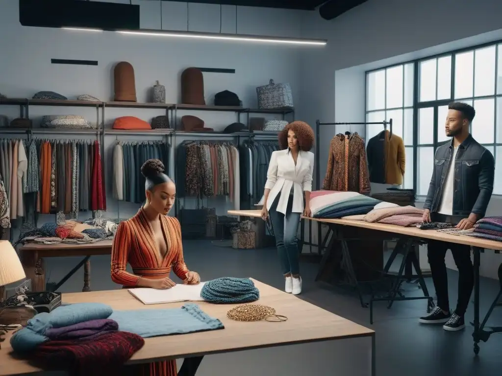 Diseñadores de moda creando con pasión en un estudio inclusivo y moderno Un estudio de moda inclusiva y auténtica, donde diseñadores enfrentan desafíos económicos con creatividad