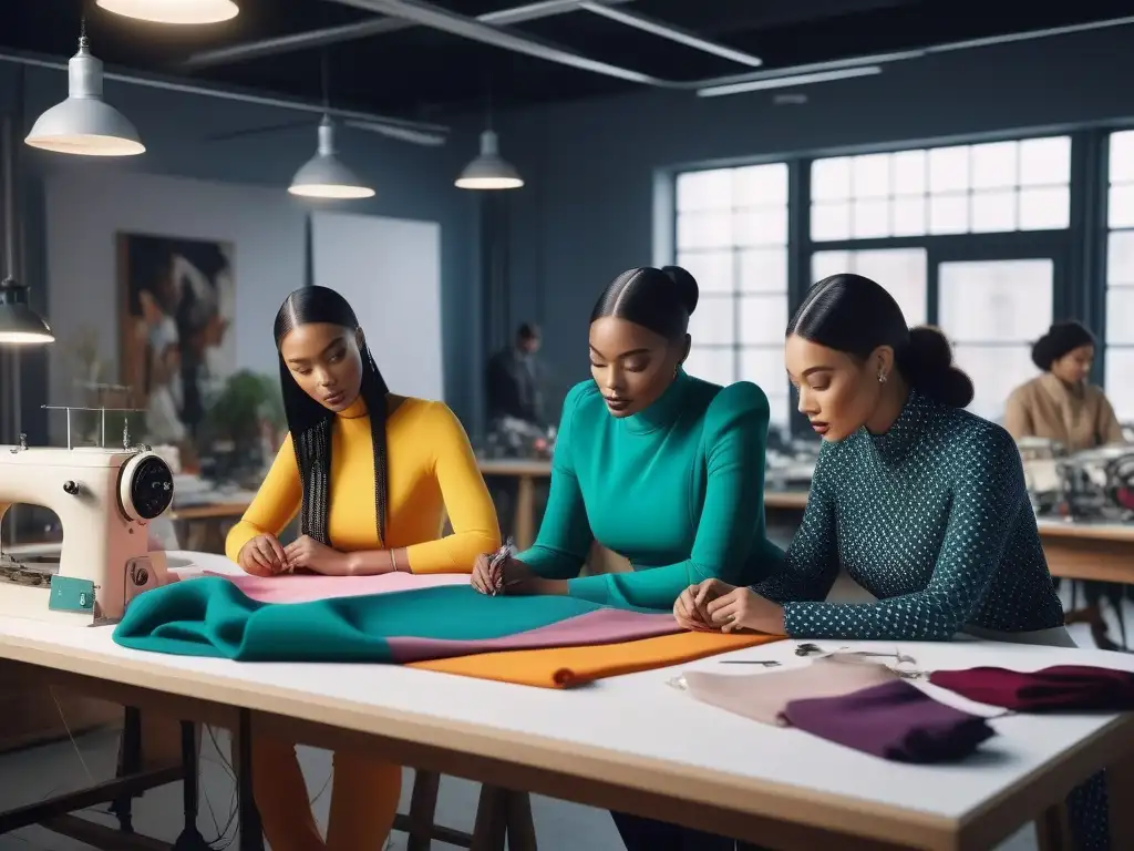 Diseñadores de moda inclusivos creando juntos en un estudio vibrante Un estudio de moda inclusiva para todos cuerpos, donde diseñadores colaboran en un ambiente creativo y vibrante