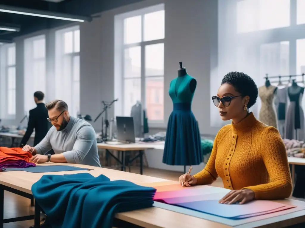 Diseñadores de moda adaptativa creando juntos en estudio moderno y colorido Un estudio de moda inclusiva donde diseñadores crean prendas únicas, reflejando oportunidades en el empleo de moda adaptativa inclusiva