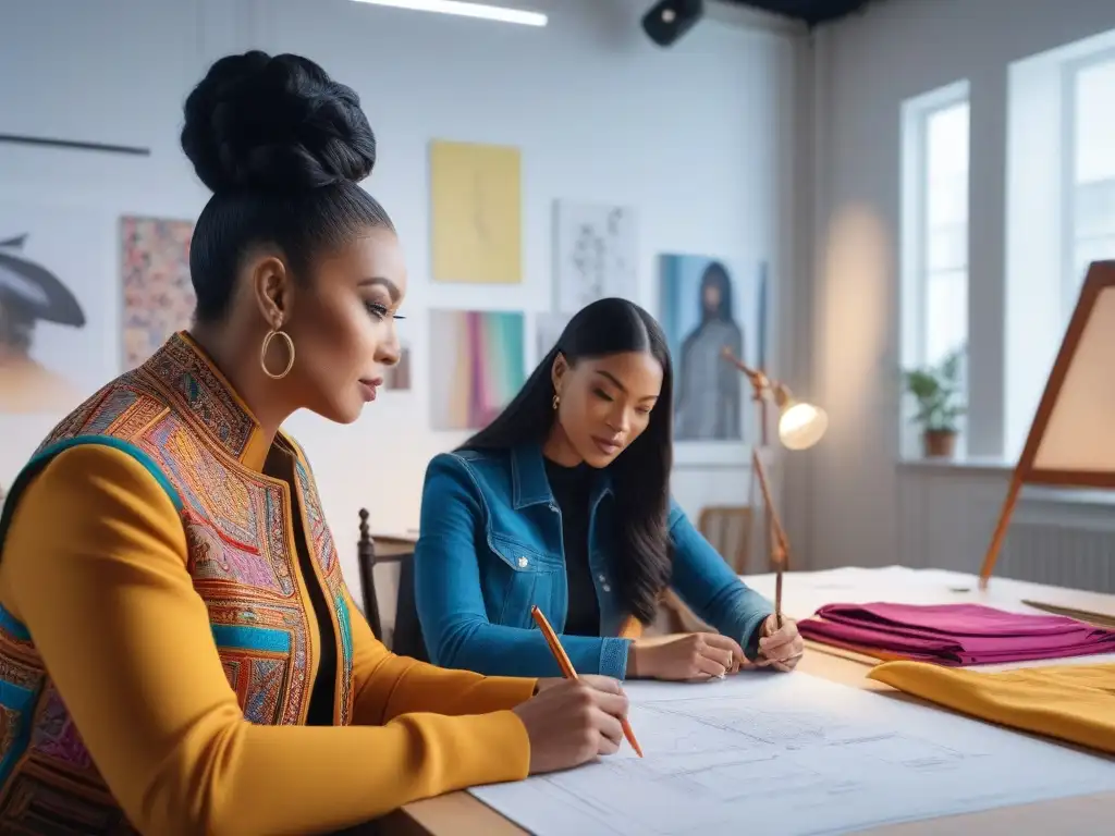 Diseñadores de moda diversos colaborando en estudio creativo Un estudio de moda inclusiva con diseñadores de diversas edades, géneros y etnias colaborando creativamente