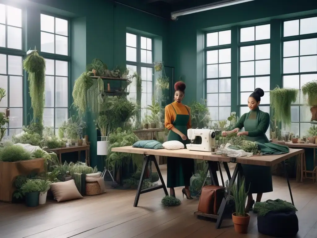 Diseñadores de moda ecofriendly colaborando en estudio sostenible Un estudio de moda ecoconsciente inclusiva con diseñadores diversos, creando con pasión en un ambiente sostenible y lleno de vida