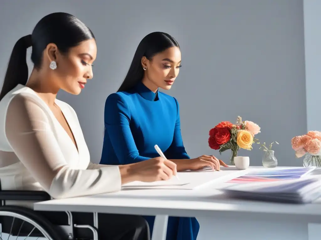 Diseñadores de moda inclusivos crean juntos colección innovadora Un estudio de moda inclusiva con diseñadores de diferentes etnias y habilidades, creando juntos