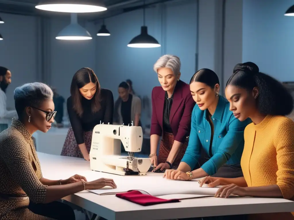 Diseñadores de moda innovadores en estudio inclusivo Un estudio de moda inclusiva: diseñadores de diversas edades, géneros y culturas colaboran en un espacio creativo y moderno