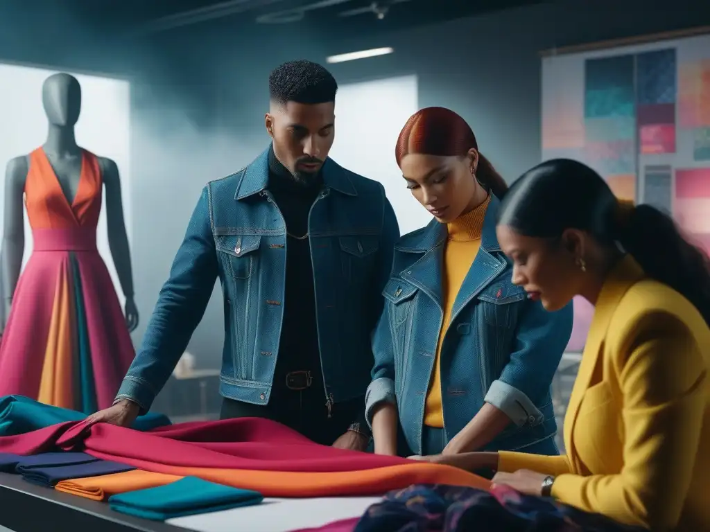 Diseñadores de moda innovadores colaboran en estudio vibrante Un estudio de moda inclusiva con diseñadores pioneros de diversas etnias, géneros y habilidades, creando en un ambiente vibrante y creativo