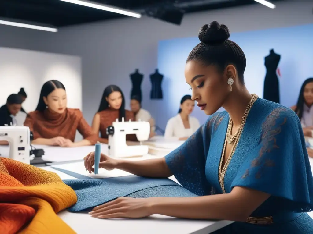 Diseñadores de moda: creatividad inclusiva en estudio vibrante Un estudio de moda inclusiva y diversidad en la industria, donde estudiantes colaboran en creaciones únicas