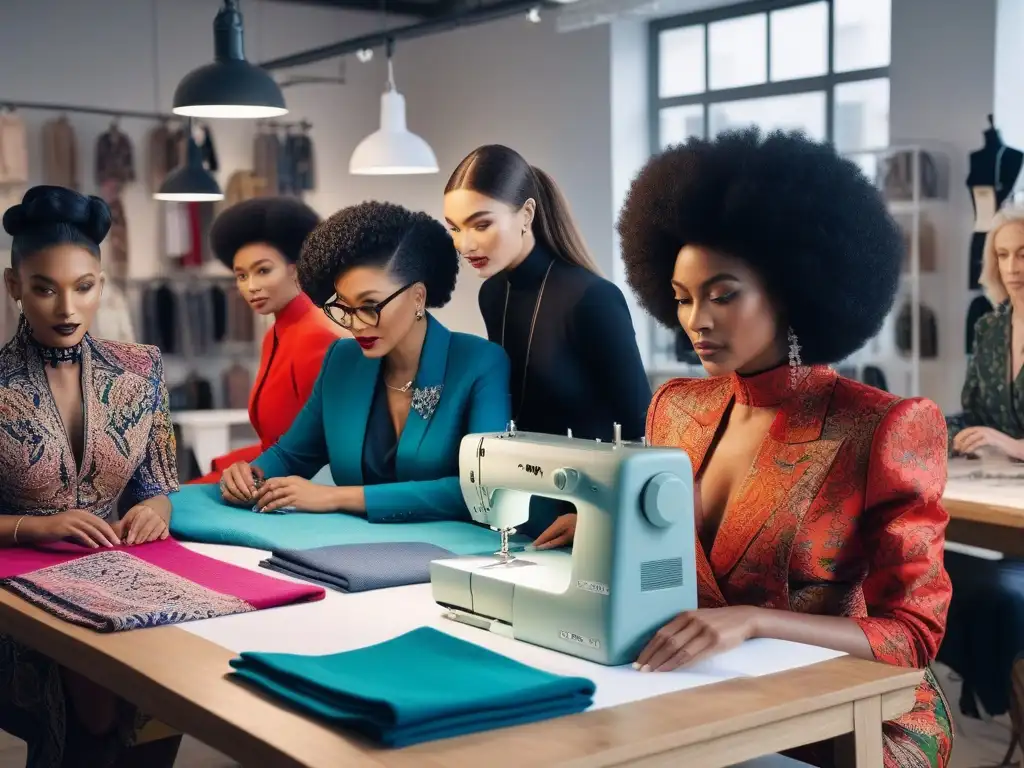 Diseñadores de moda innovando juntos en estudio inclusivo Un estudio de moda inclusiva y diverso, donde diseñadores trabajan apasionadamente en creaciones innovadoras