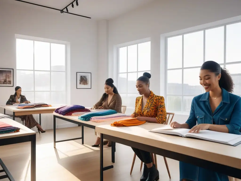 Diseñadores de moda inclusivos crean juntos en estudio moderno Un estudio de moda inclusiva donde emprendedores crean juntos, reflejando diversidad y éxito