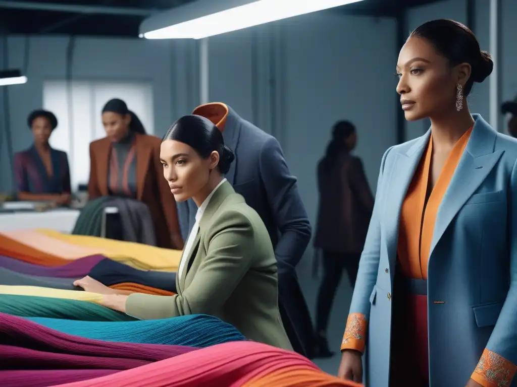 Equipo diverso creando moda sostenible en estudio textil moderno Un estudio de moda inclusiva y sostenibilidad empresarial con diseñadores y trabajadores textiles diversos y enfocados en su trabajo
