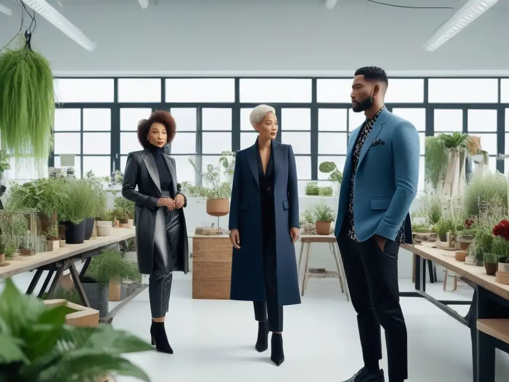 Diseñadores de moda colaboran en estudio sostenible Un estudio de moda inclusiva y sostenibilidad empresarial con diseñadores colaborando en un ambiente creativo y profesional
