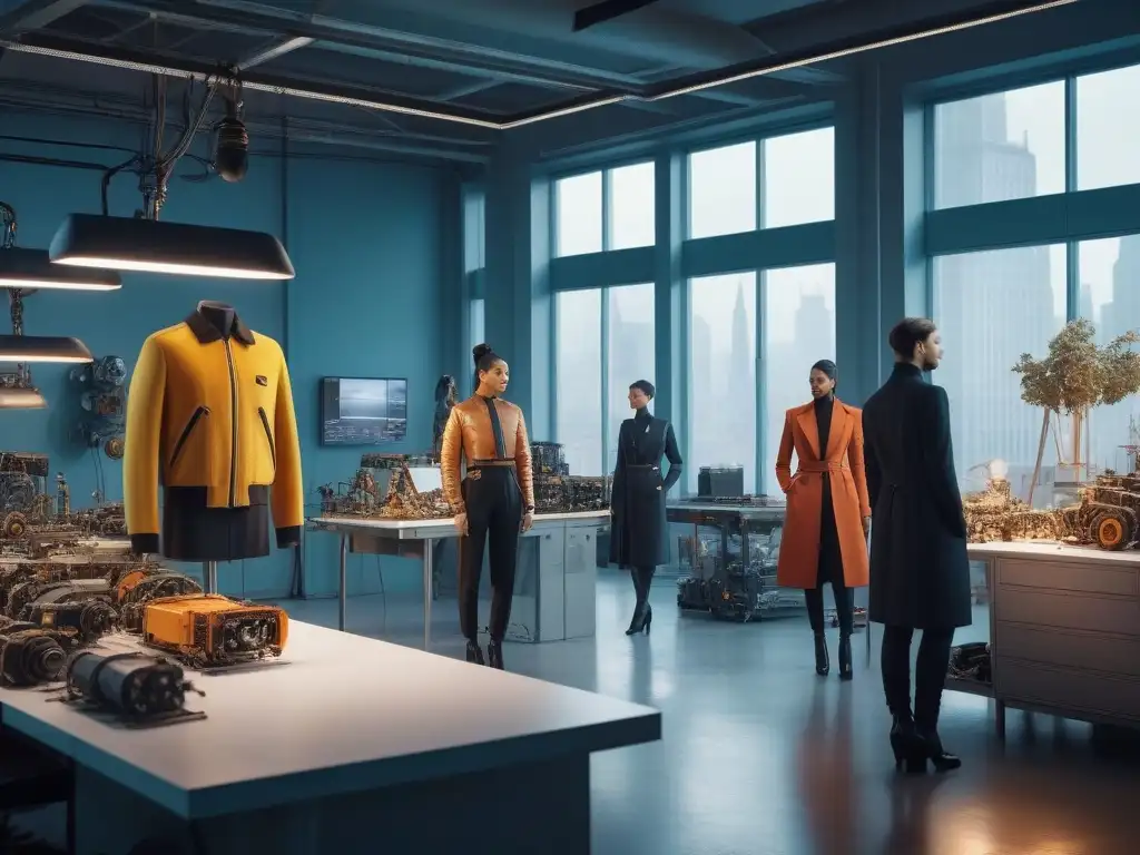 Diseñadores de moda creando en un estudio sostenible y diverso Un estudio de moda inclusiva y sostenible con diseñadores de diversas edades, géneros y etnias creando juntos