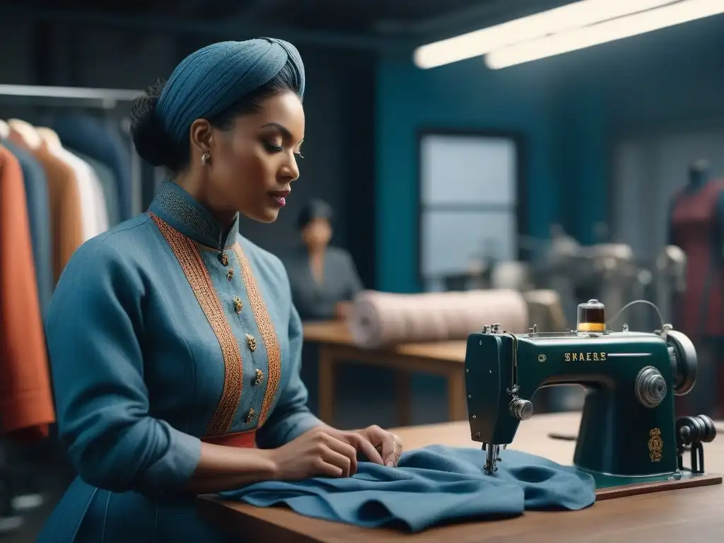 Diseñadores de moda sostenible: diversidad creativa Un estudio de moda inclusiva y sostenible donde diseñadores crean piezas únicas rodeados de telas y máquinas de coser