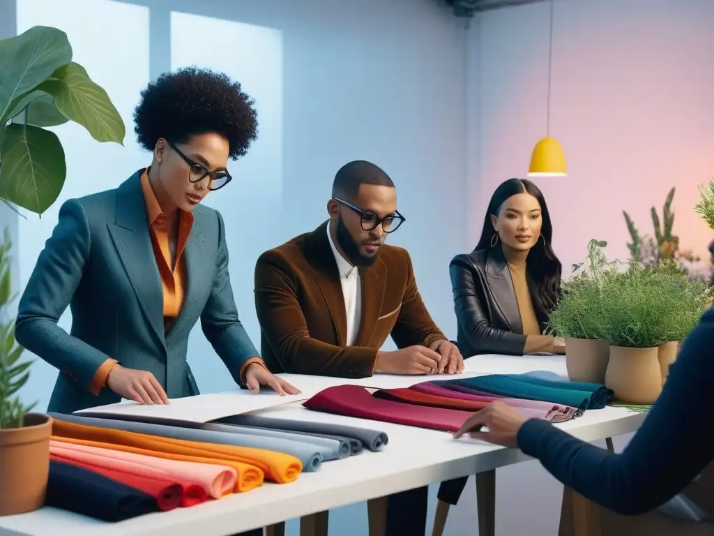 Diseñadores de moda colaboran en estudio sostenible Un estudio de moda inclusiva sostenible con diseñadores diversos colaborando en un ambiente creativo con certificaciones y materiales ecofriendly
