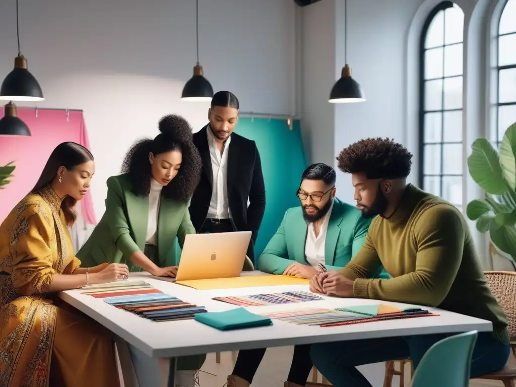 Equipo creativo de diseñadores de moda trabajando en un estudio ecofriendly Un estudio de moda inclusiva y sostenible diversa, con diseñadores creativos trabajando juntos en un espacio ecoamigable