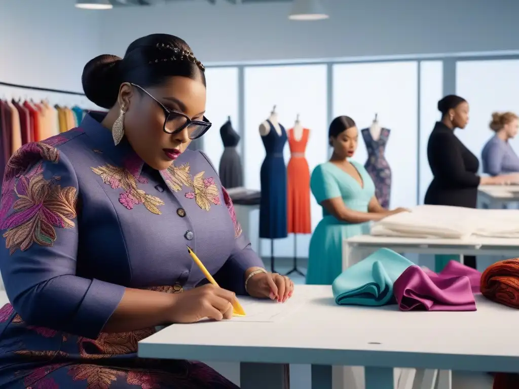 Equipo diverso de diseñadores de moda plus size en estudio creativo Un estudio de moda inclusivo donde diseñadores y fabricantes de tallas grandes colaboran con transparencia y creatividad