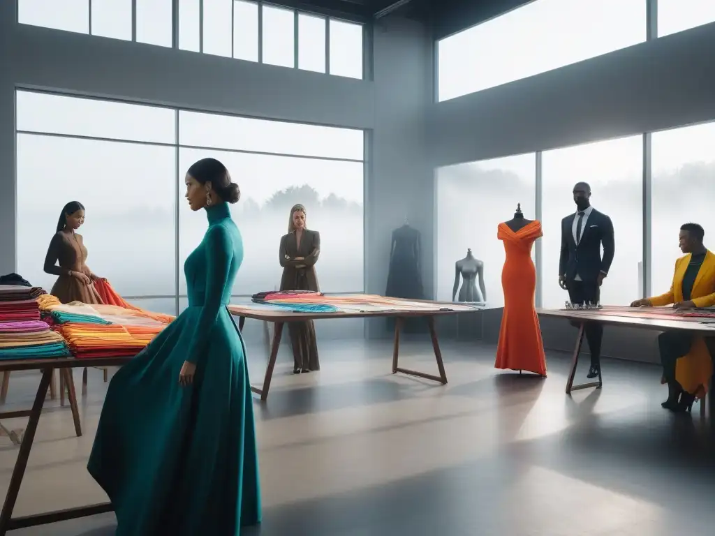 Diseñadores de moda creando para cuerpos diversos en estudio moderno Un estudio de moda inclusivo con diseñadores adaptando patrones para cuerpos diversos