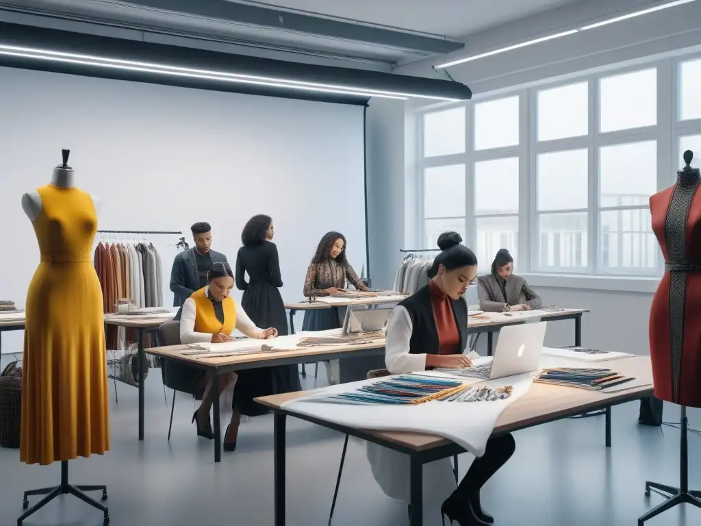 Un estudio de diseño de moda inclusivo, donde estudiantes de diversas etnias y habilidades trabajan juntos en un ambiente creativo y colorido