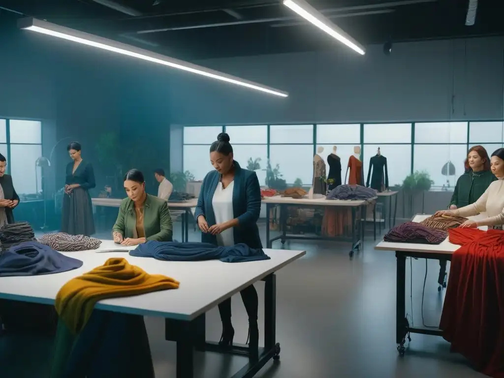 Diseñadores de moda eco-inclusivos en estudio creativo Un estudio de moda inclusivo y sostenible con diseñadores de diversas etnias y cuerpos, creando diseños ecofriendly con Certificaciones Cradle to Cradle moda