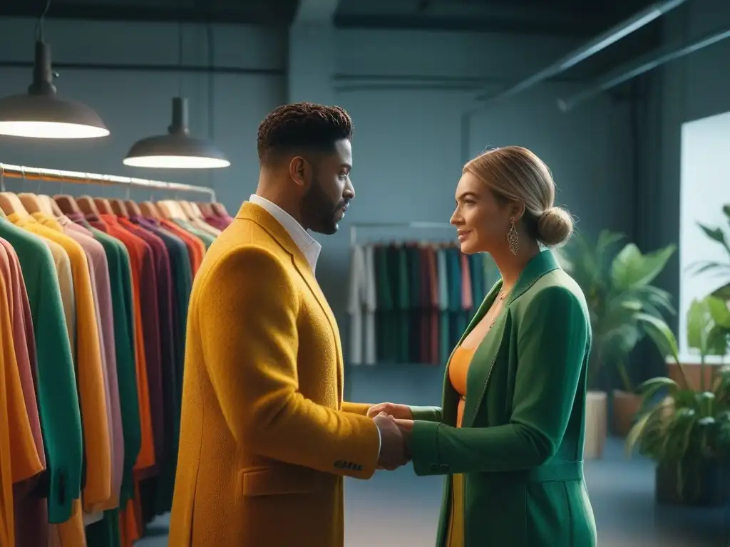 Intercambio de ropa sostenible en estudio inclusivo y moderno Un estudio de moda inclusivo y sostenible, donde un grupo diverso comparte prendas ecofriendly