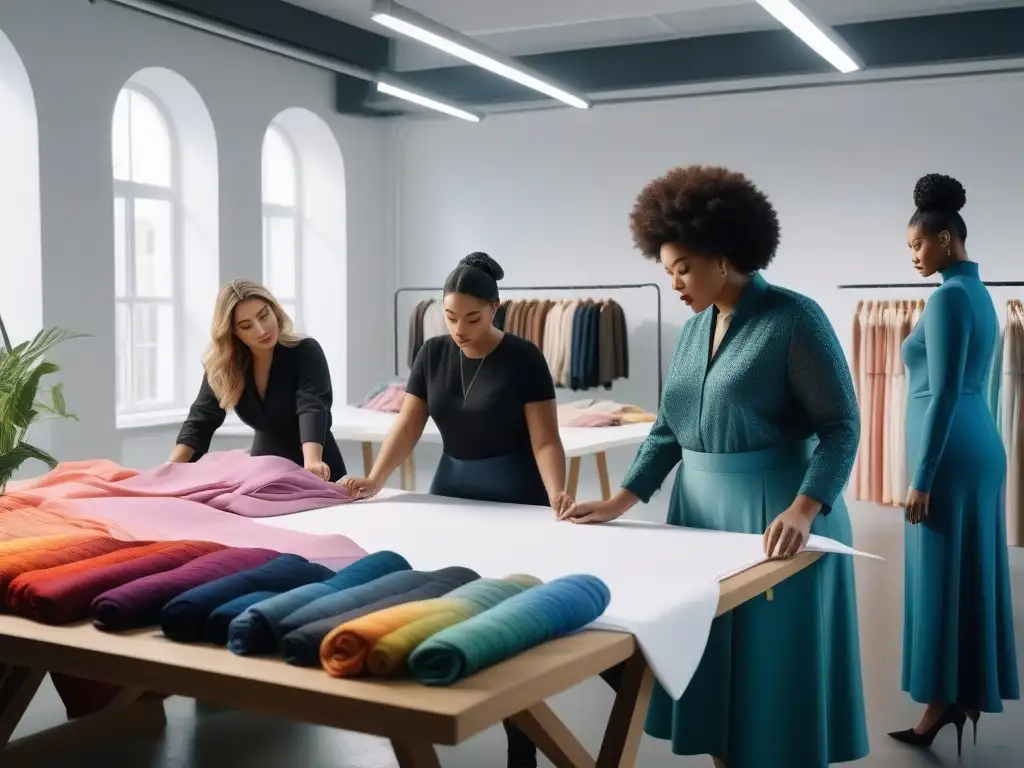 Diseñadores de moda innovadores en estudio eco-friendly Un estudio de moda inclusivo y sostenible con diseñadores de tallas especiales creando innovadoras colecciones