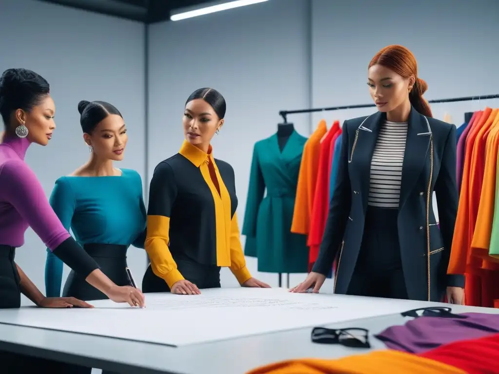 Diseñadores de moda diversos crean juntos en estudio vibrante Un estudio de moda inclusivo y vibrante con diseñadores de distintas etnias, géneros y habilidades colaborando en diseños