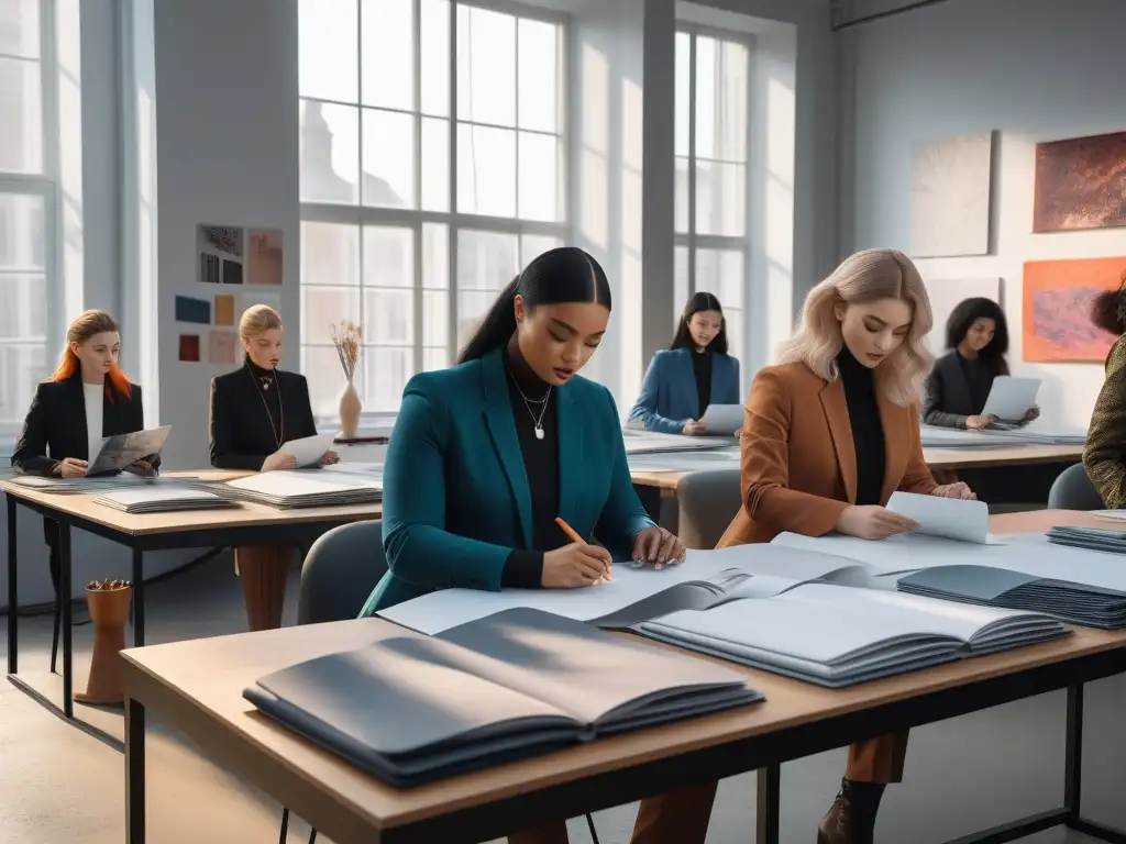 Diseñadores de moda crean colección inclusiva en estudio inspirador Estudio de moda lleno de creatividad y diversidad, estudiantes diseñando tendencias inclusivas para cuerpos diversos