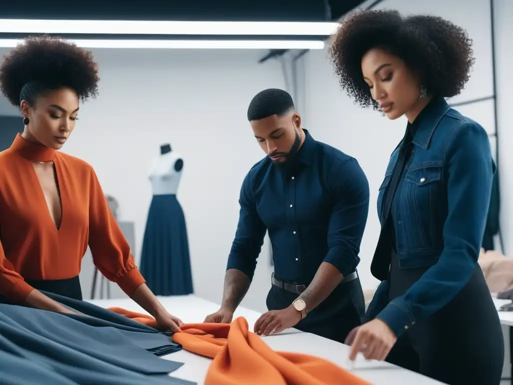 Diseñadores de moda colaboran en estudio creativo y sostenible Un estudio de moda moderno y vibrante donde diseñadores de diversas etnias y géneros colaboran en diseños sostenibles