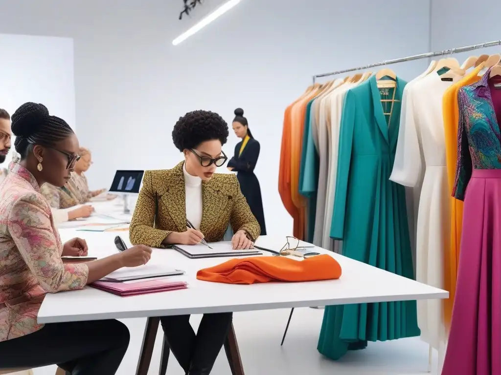 Diseñadores de moda diversos creando juntos en un estudio inspirador Un estudio de moda profesional inclusiva para todos, donde diseñadores diversos colaboran creativamente
