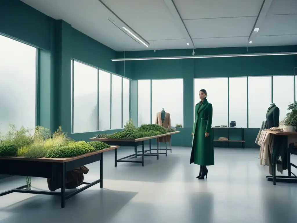Estudio de moda sostenible: innovación y diseño eco-friendly Un estudio de moda sostenible y consumo responsable con diseño futurista, decoración minimalista y diseñadores creando prendas ecofriendly