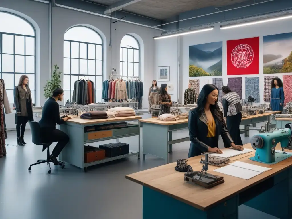 Equipo creativo de moda sostenible: diversidad, colaboración y sonrisas Un estudio de moda sostenible con diseñadores y trabajadores de distintas culturas, creando juntos en armonía