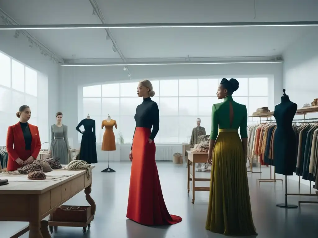 Estudio de moda sostenible con diseñadores diversos Un estudio de moda sostenible con diseñadores de diferentes edades y etnias colaborando en diseños ecológicos rodeados de prendas orgánicas