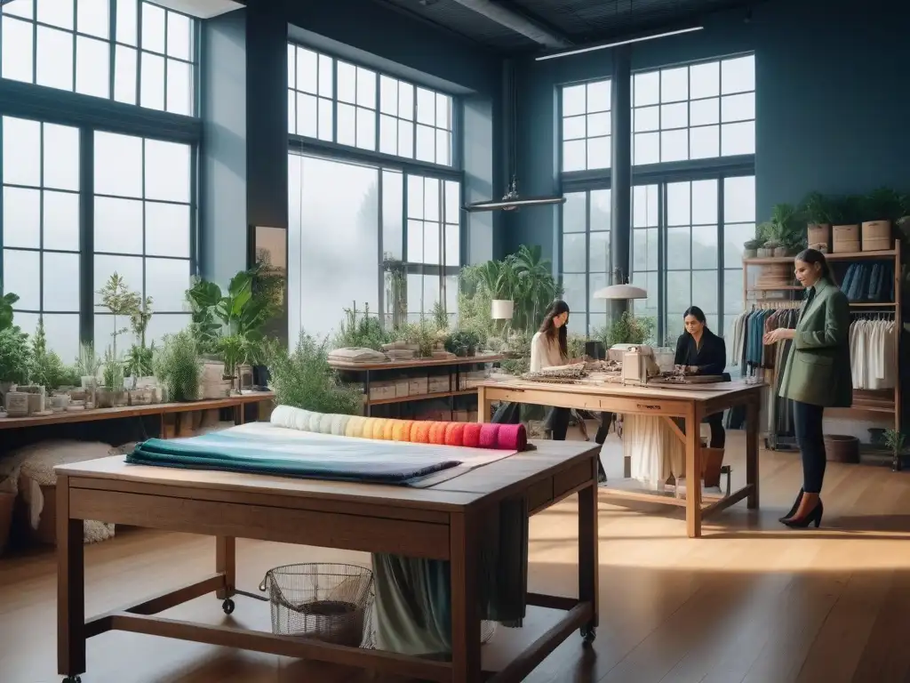 Diseñadores de moda sostenible en estudio creativo Un estudio de moda sostenible con diseñadores trabajando en prendas ecofriendly