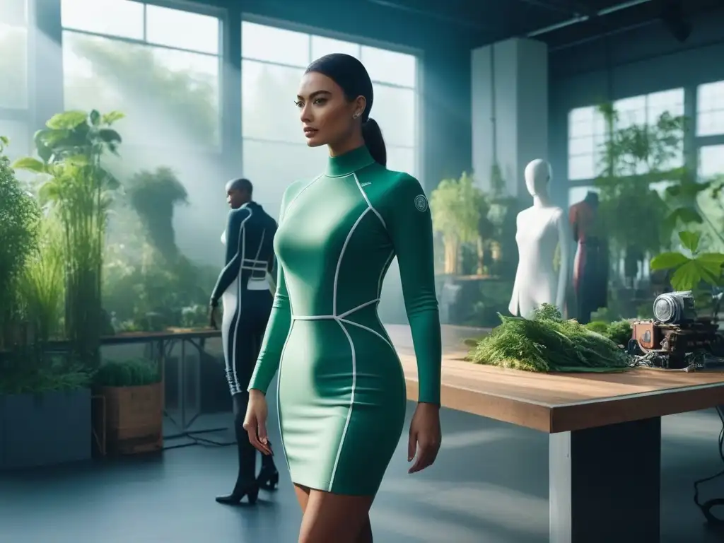 Atelier de moda sostenible: diseño futurista y ecoamigable en 8k Un estudio de moda sostenible futurista con diseño minimalista, plantas, luz natural y materiales ecofriendly
