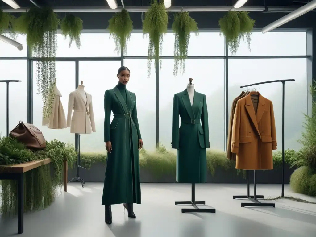 Estudio de moda sostenible: diseño eco-chic y vanguardista Un estudio de moda sostenible futurista y elegante con Certificación Climate Neutral, diseñando prendas ecológicas en un ambiente inspirador