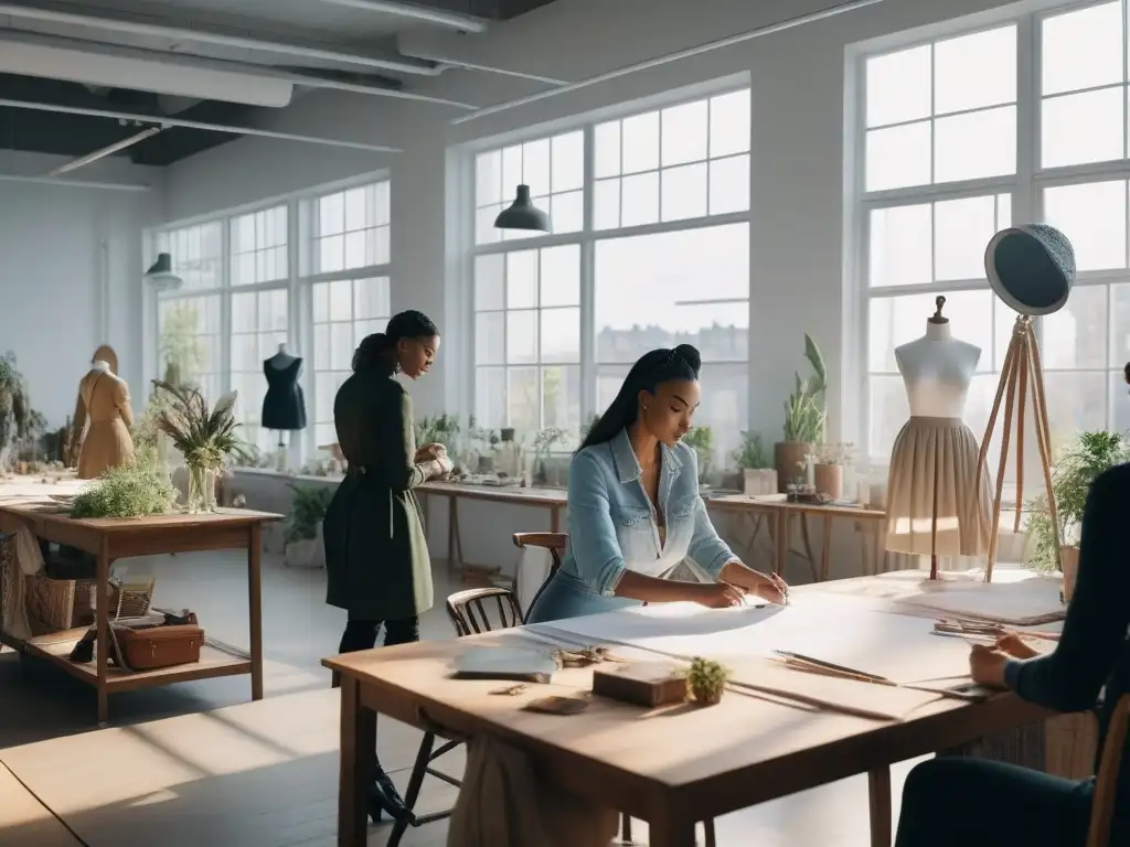 Diseñadores de moda creando juntos en estudio sostenible Un estudio de moda sostenible inclusiva y accesible, donde diseñadores de diversas culturas colaboran creativamente