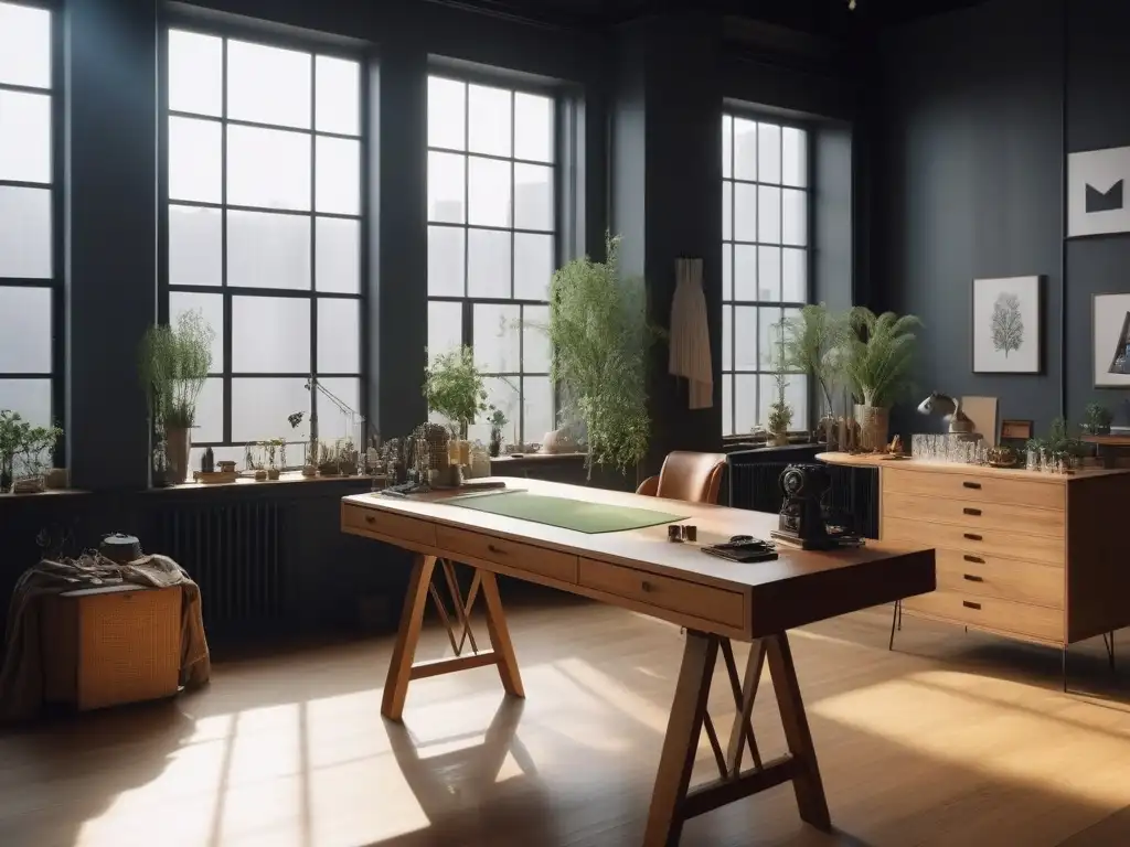 Atelier ecofriendly con diseño moderno y sostenible Estudio de moda sostenible con materiales inclusivos tendencia en un espacio moderno y luminoso